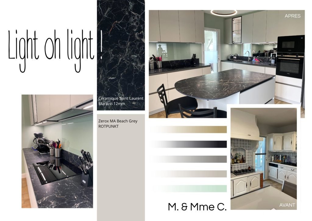 Tendance et sélection matières et couleurs pour un agencement de cuisine. Conception par Idea Cuisine, 49220 Grez-Neuville.