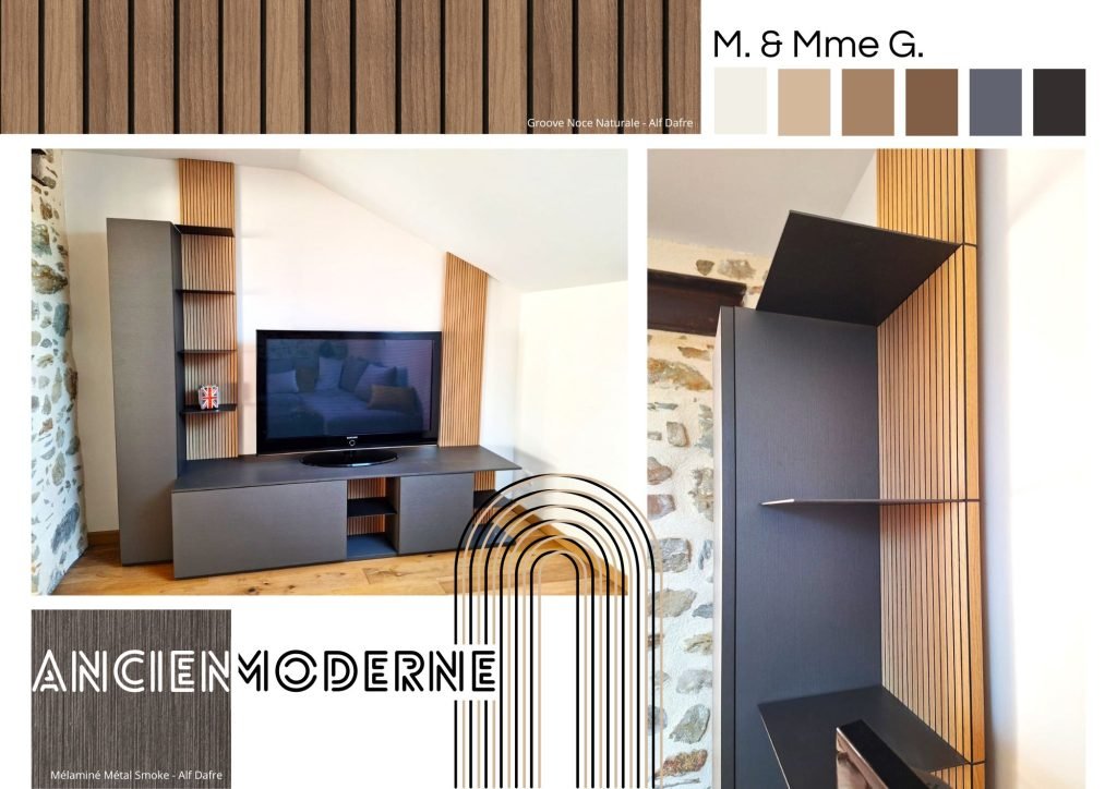 Planche tendance du projet. Sélection des matières et couleurs pour un agencement mobilier avec meuble bas télévision et étagères de rangement. Conception et réalisation par Idea Mobilier, 49220 Grez-Neuville